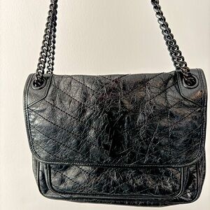 Niki Medium Flap YSL Shoulder Bag in Crinkled Leather